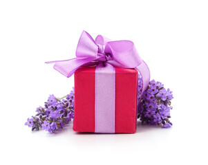 Red gift box with purple lavender flowers.