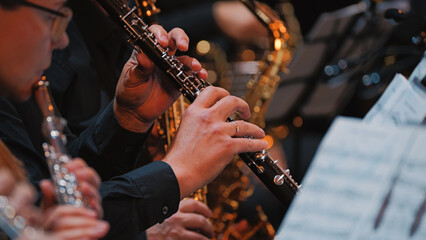 Close-up of a musician playing the oboe in an orchestra. Warm stage lighting highlights the hands and instrument, with a shallow depth of field and bokeh background. The mood is focused and elegant