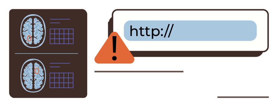Healthcare security, data protection, medical information, cybersecurity, digital health, diagnosis safety. Brain scan images next to an alert triangle and URL bar. Healthcare security and data