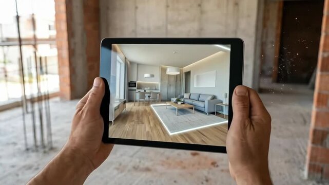 Man uses tablet for augmented reality architectural visualization, showcasing interior design and room layout in a concrete shell