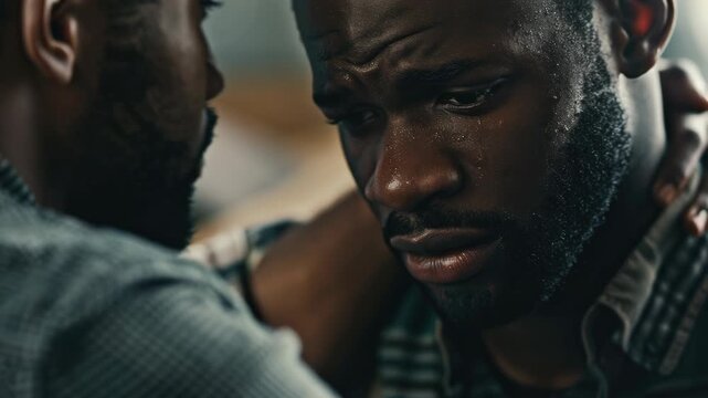 A dramatic scene with two male characters, one looking intently at the other who is being held back by a third person. The expressions on their faces convey intensity and emotion.