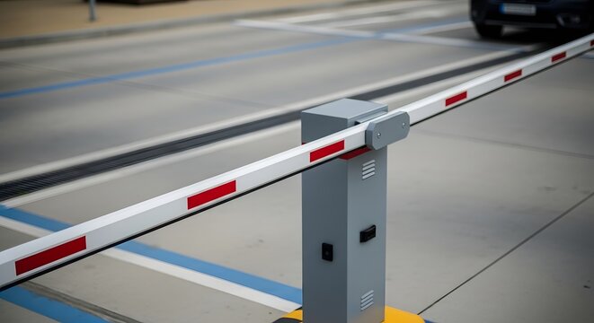 Automatic barrier gate with red and white stripes in a parking lot automatic gate security access control