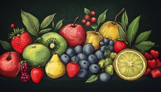 fruits berries drawn traditional chalk techniques trendy doodle style la dolce vita