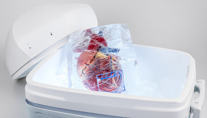 8K Medical Realism: Human heart in a cooler box with ice for organ transplant, professional branding