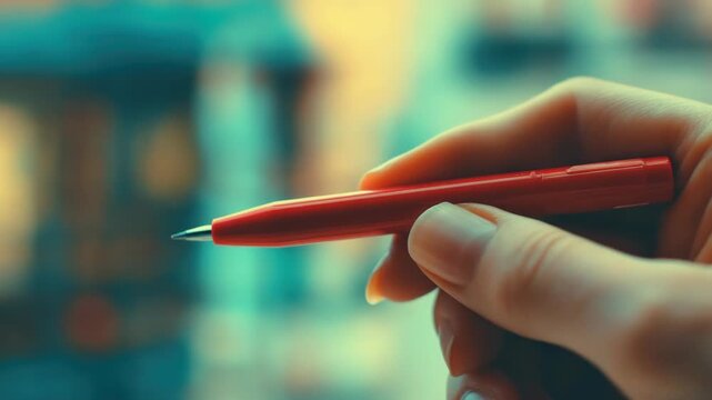 The depicts a close-up view of a hand gripping a red pen with a clear ink window. The background is blurred but appears to be an indoor setting with ambient lighting.