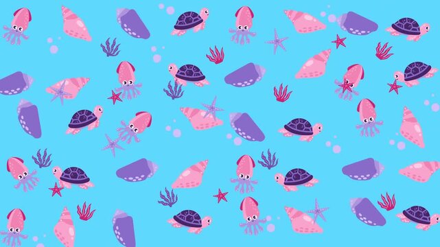 Turtle shells, starfish, squids, and sea plants in a bright blue ocean scene. Perfect for marinethemed designs and presentations.