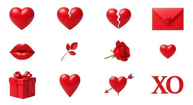Collection of red valentine's day symbols isolated on transparent background