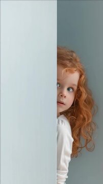 A charming portrait of a young girl with vibrant red hair and blue eyes peeking around a white corner or doorway.