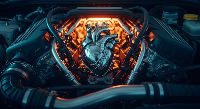 Chrome heart sculpture in a car engine with glowing orange background mechanical