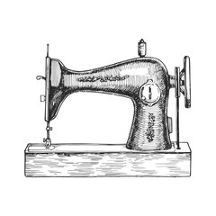 Vintage sewing machine vector sketch. Hand-drawn retro atelier equipment.Ink style illustration of tailor accessory for needlework.