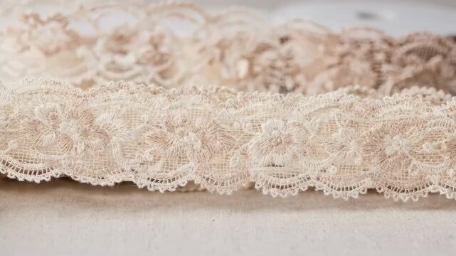 Medium shot of narrow scalloped lace edging spools showcasing intricate curves and soft floral patterns perfect for elegant garment accents.