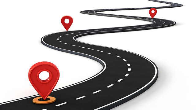 A winding road with multiple red location markers on a white background for navigation and direction
