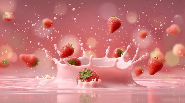 Slow motion splash of fresh strawberries falling into creamy pink milk with droplets