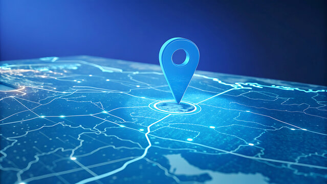A glowing blue map with a location pin marker on a digital interface background