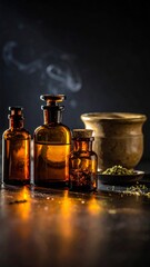 Dark Alchemy: Amber Medicine Bottles, Dried Herbs, and Mortar on a Moody Reflective Surface