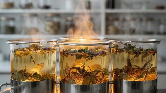 Medium shot focusing on stainless steel vessels applying gentle heat to botanical mixtures highlighting slow extraction process with subtle steam and glowing warmth.
