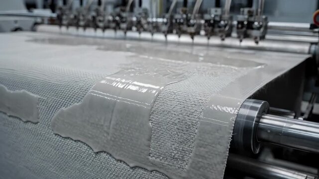 Medium shot capturing polyurethane coating being evenly applied to conveyor belt textiles emphasizing seamless finish and highperformance wear resistance in industrial use.