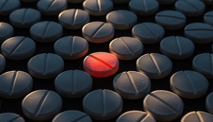 Obraz premium Singular Red Pill Glowing Among Uniform White Tablets: Concept of Unique Treatment, Crisis, or Breakthrough Drug Develop