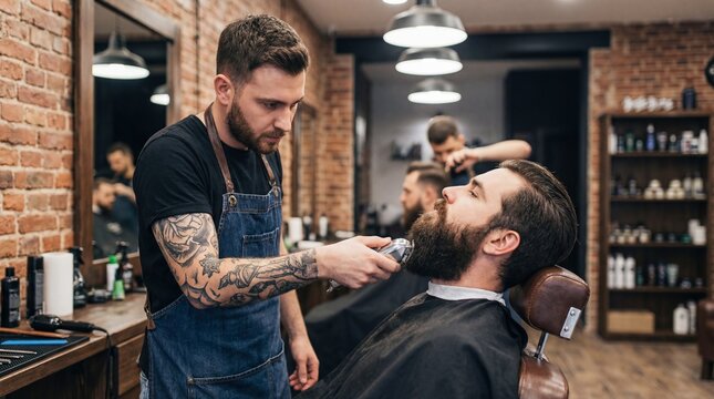 Professional male barber with tattoos and apron trimming beard of client in modern barbershop. Hairdresser using electric clippers. Men grooming concept. Stylish haircut salon