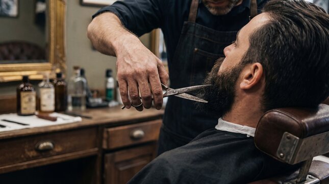Professional male barber trimming beard in vintage barbershop. Grooming service. Stylist with scissors. Men's fashion. Haircare. Salon interior. Masculine style. Beard trim care.
