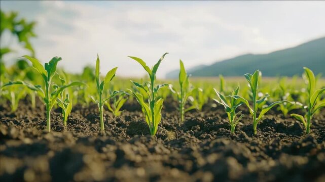 A vibrant row of young plants emerging from soil on a sunny day.
