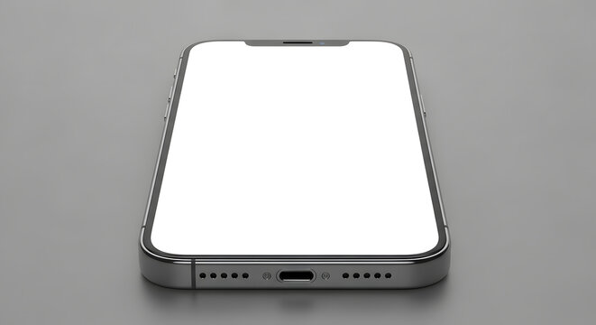 Modern smartphone lying flat on a clean gray surface with isolated white screen ready for mockup