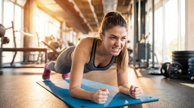 Young fitness woman doing plank in sunny gym. Strong female athlete training core muscles. Grimacing face showing effort. Determination and willpower concept. Intense sport workout.