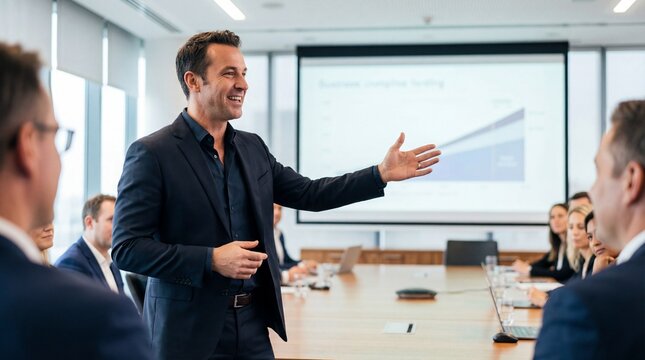 Successful businessman giving presentation in modern conference room. Confident corporate executive pointing at chart on screen. Professional manager meeting. Leadership success concept. Speaker.