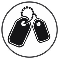 Naklejka premium Black and white icon of military dog tags on a chain within a circular frame.