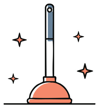 Clean toilet plunger with sparkles icon. Simple hand drawn illustration for plumbing services and maintenance.