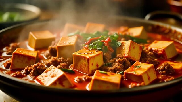 Silky mapo tofu cubes glistening in spicy chili oil with minced meat and steam, 4K loop, 2026