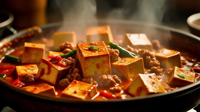 8K Macro Food Realism: Cinematic silky mapo tofu in shimmering chili oil with sparkling minced meat
