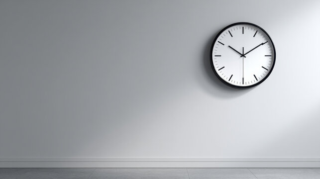 Wall clock minimalist white wall time interior modern copy space simple design on clean gray background with room wall and floor calm atmosphere for schedule deadline concept
