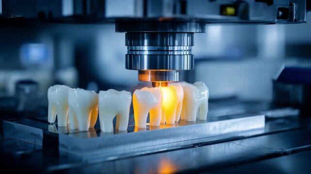 Focused medium shot on a multiaxis milling machine precisely machining PMMA blocks into dental crowns with the milling head crisply visible and the room softly blurred.