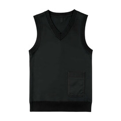 Black sleeveless top, V-neck, with pocket, ribbed hem and neck. Dark grey background