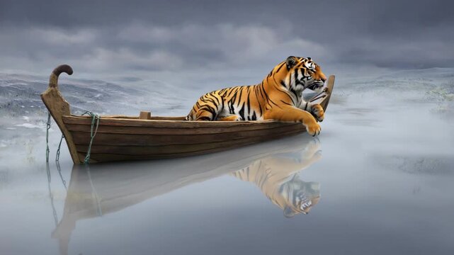 Tiger Resting in Wooden Boat 