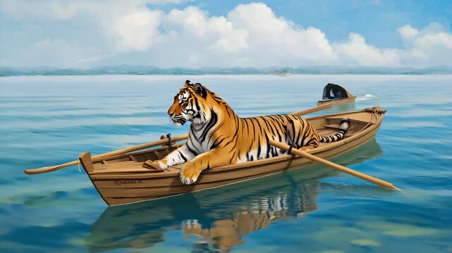 Tiger Resting in Wooden Boat on Misty Lake