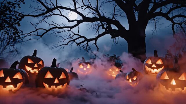 Cinematic footage of spooky glowing Halloween jack-o-lantern pumpkins carved with scary faces in a dark foggy forest under a full moon night sky.