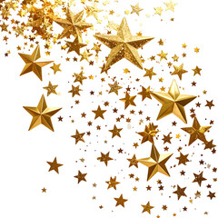 Gleaming golden stars of various sizes cascade against a stark black background