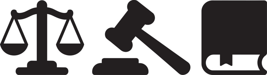 Law and justice symbols balance scales gavel and book icons on transparent background