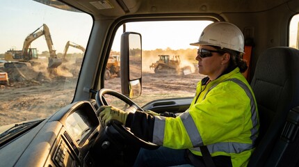 Obraz premium Female construction worker driving truck. Woman operating vehicle. Professional driver. Hard hat safety vest. Industrial site excavator background. Transport logistics concept.
