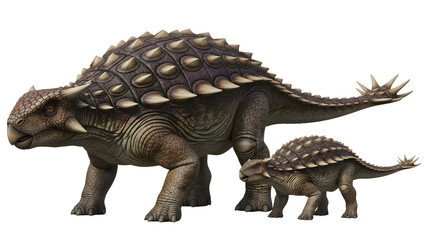 Fototapeta premium Ankylosaurus magniventris prehistoric dinosaur illustration with juvenile, isolated on transparent background