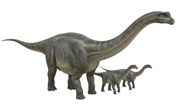 Apatosaurus ajax prehistoric dinosaur illustration with juveniles, isolated on transparent background