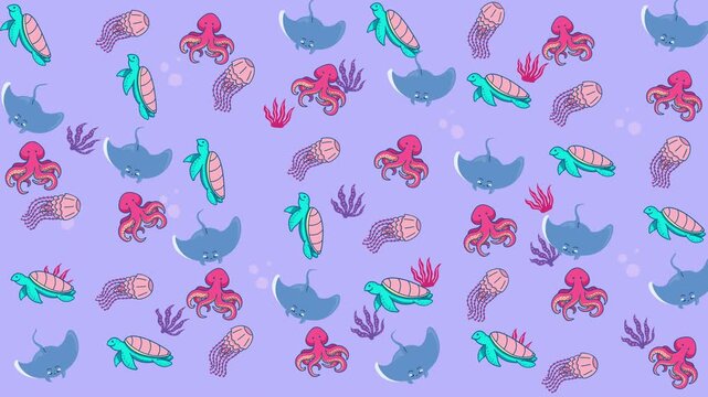 Ocean themed repetitive pattern of sea life illustrations. Perfect for beach products branding and ocean themed graphic designs.