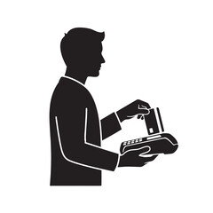 Man making payment with credit card on card machine in simple silhouette style with black and white color scheme for finance icon