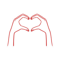 Fototapeta premium Hands forming a heart shape. Hand drawn outline vector illustration in red color. Love, celebration, and romantic gesture concept. Design for greeting card, invitation, poster, banner.