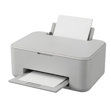 Modern white printer with paper tray open and sheet feeding, isolated on white background