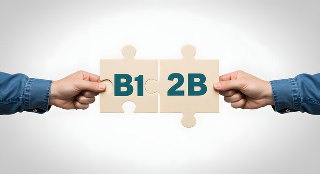 Two hands connect puzzle pieces with B1 and 2B letters symbolizing businesstobusiness partnership