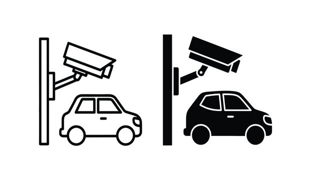 Security cameras monitoring cars on street poles in black and white