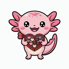 A cheerful cartoon axolotl is holding a heart-shaped box filled with chocolates.